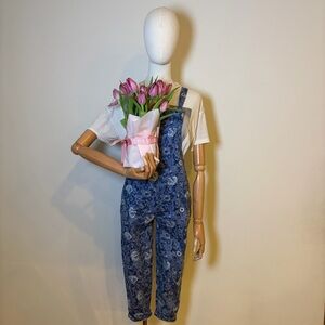 Next Girls Floral Denim Overalls Size 9 (134cm) Blue 100% Organic Cotton